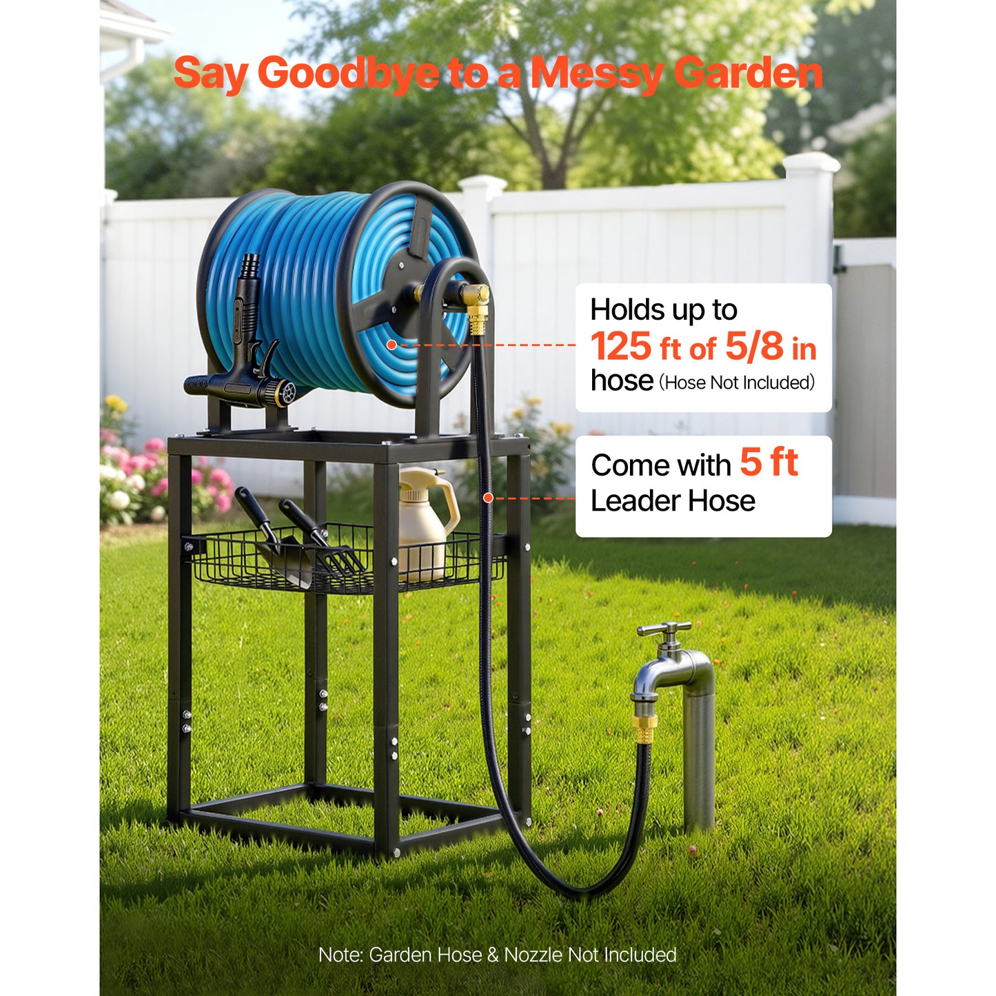 Freestanding Garden Hose Reel 125ft with Brass Fitting & Wall or Ground Mount