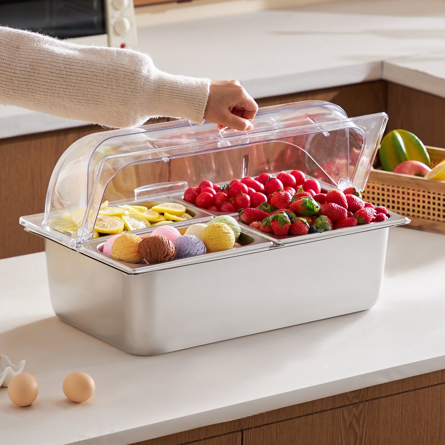 Countertop Condiment Dispenser with Clear Lid - 4 Pan Storage