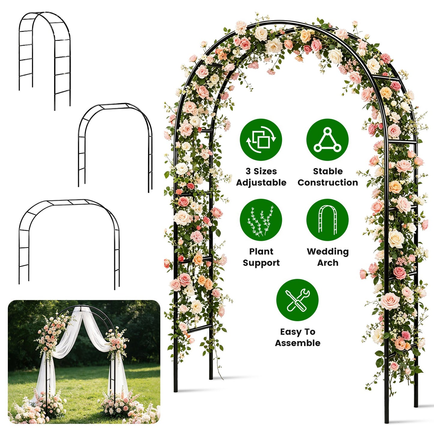 Adjustable Metal Garden Arch for Climbing Plants & Wedding Decor - 7.87ft x 4.59ft