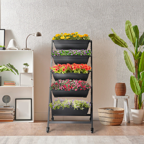 Black 5-Layer Vertical Garden Planter with Wheels - 65x60x130cm