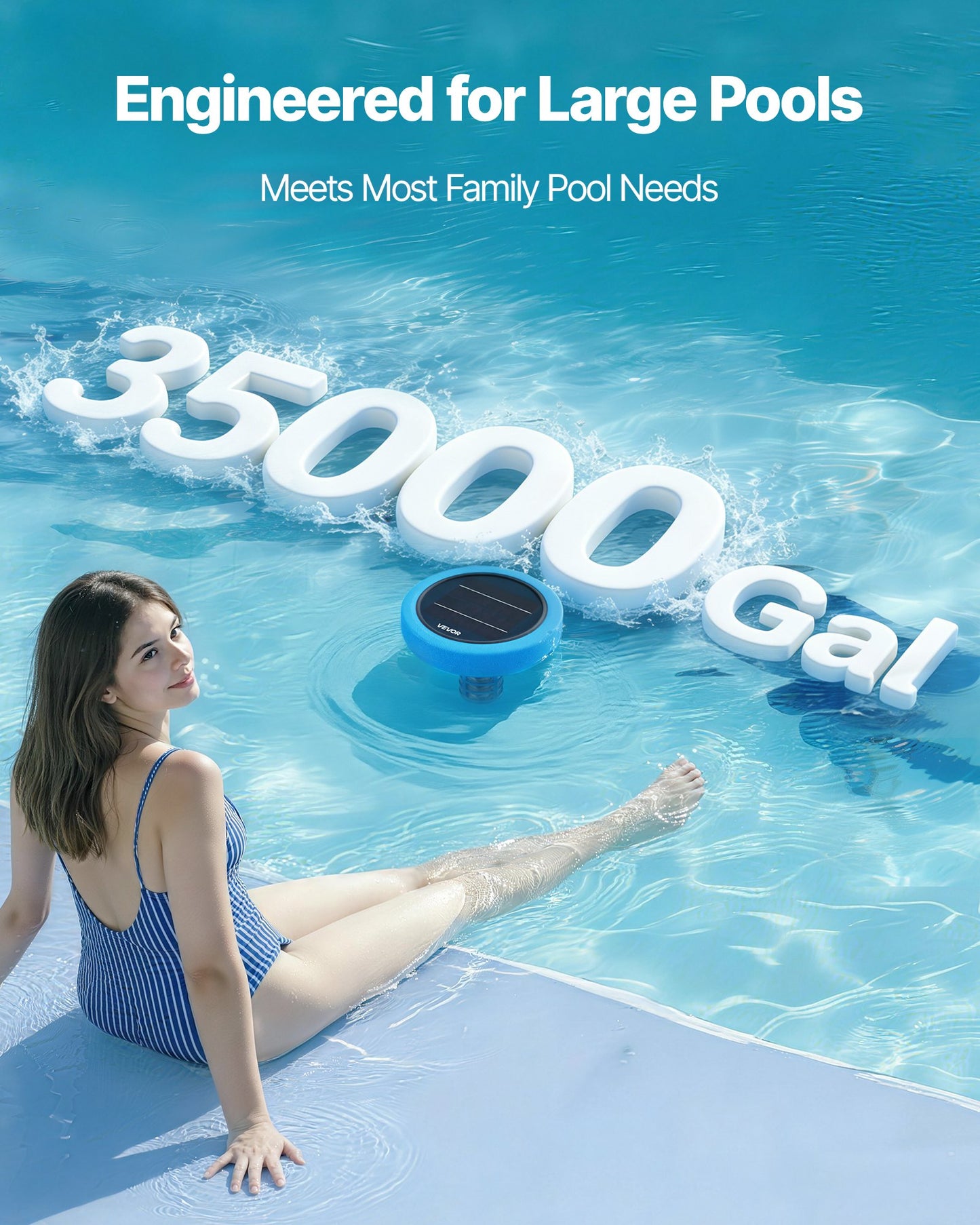 Solar Pool Ionizer for Up to 35000 Gallons - Copper Water Purifier & Cleaner, Floating Automatic Water Treatment, Chlorine-Free, Black