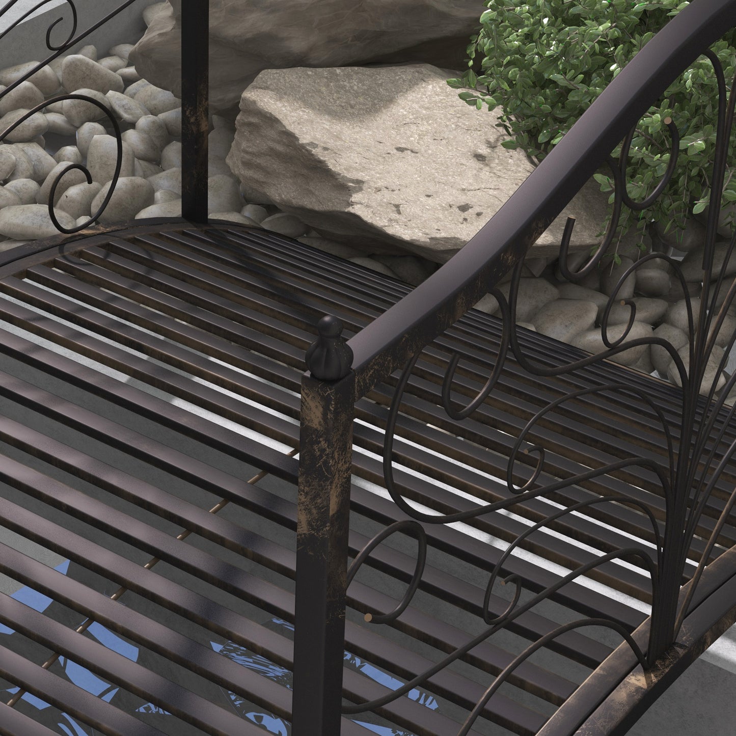 4-Foot Metal Garden Bridge with Scrollwork & Safety Siderails, Easy Assembly, Black or Bronze