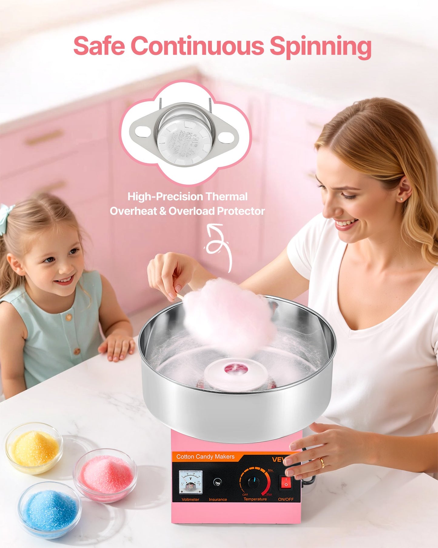 Electric Cotton Candy Machine Stainless Steel Pink 1000W Home & Party Use
