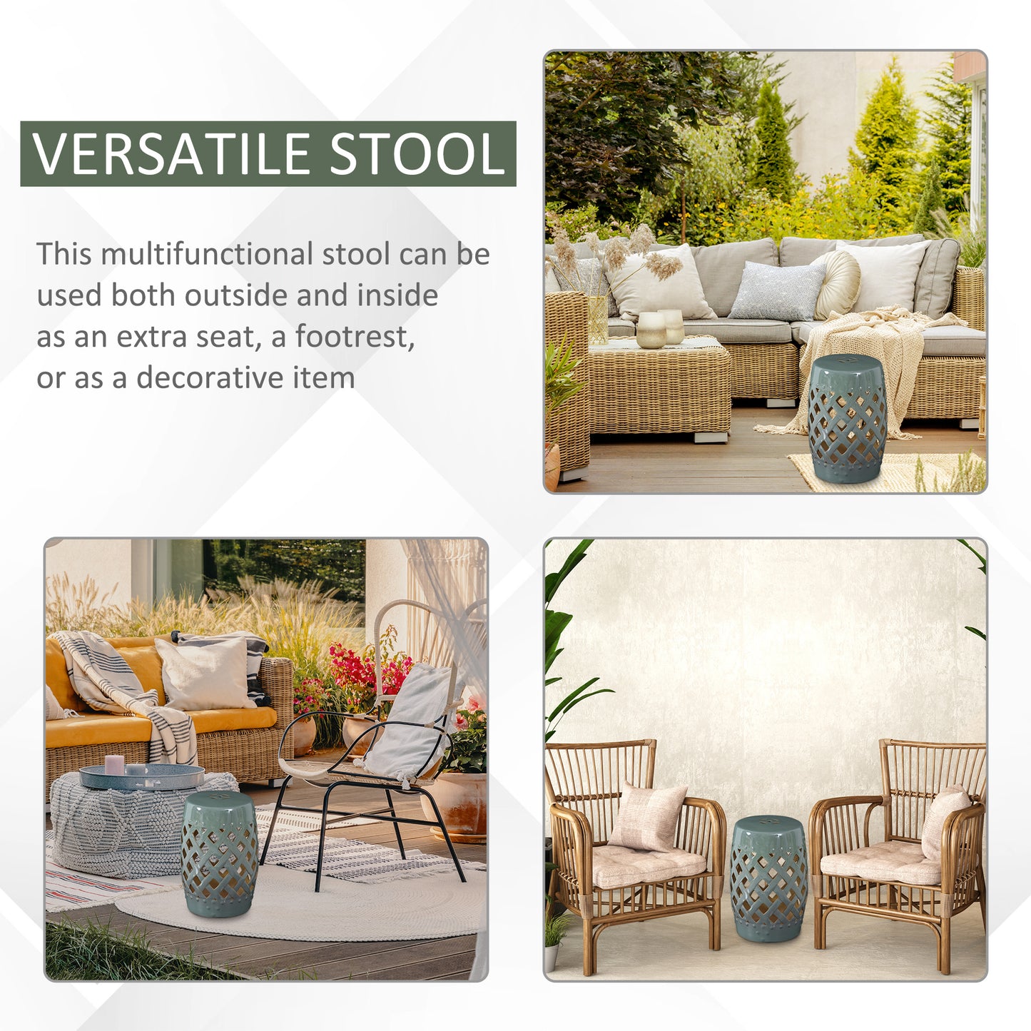 Ceramic Garden Stool - Woven Lattice Design, Green