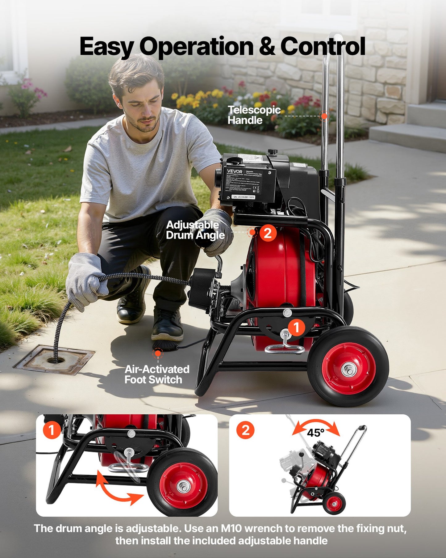 Drain Cleaner Machine 100 FT Auto Feed Sewer Snake for 2-4 Inch Pipes - Portable with 8 Cutters