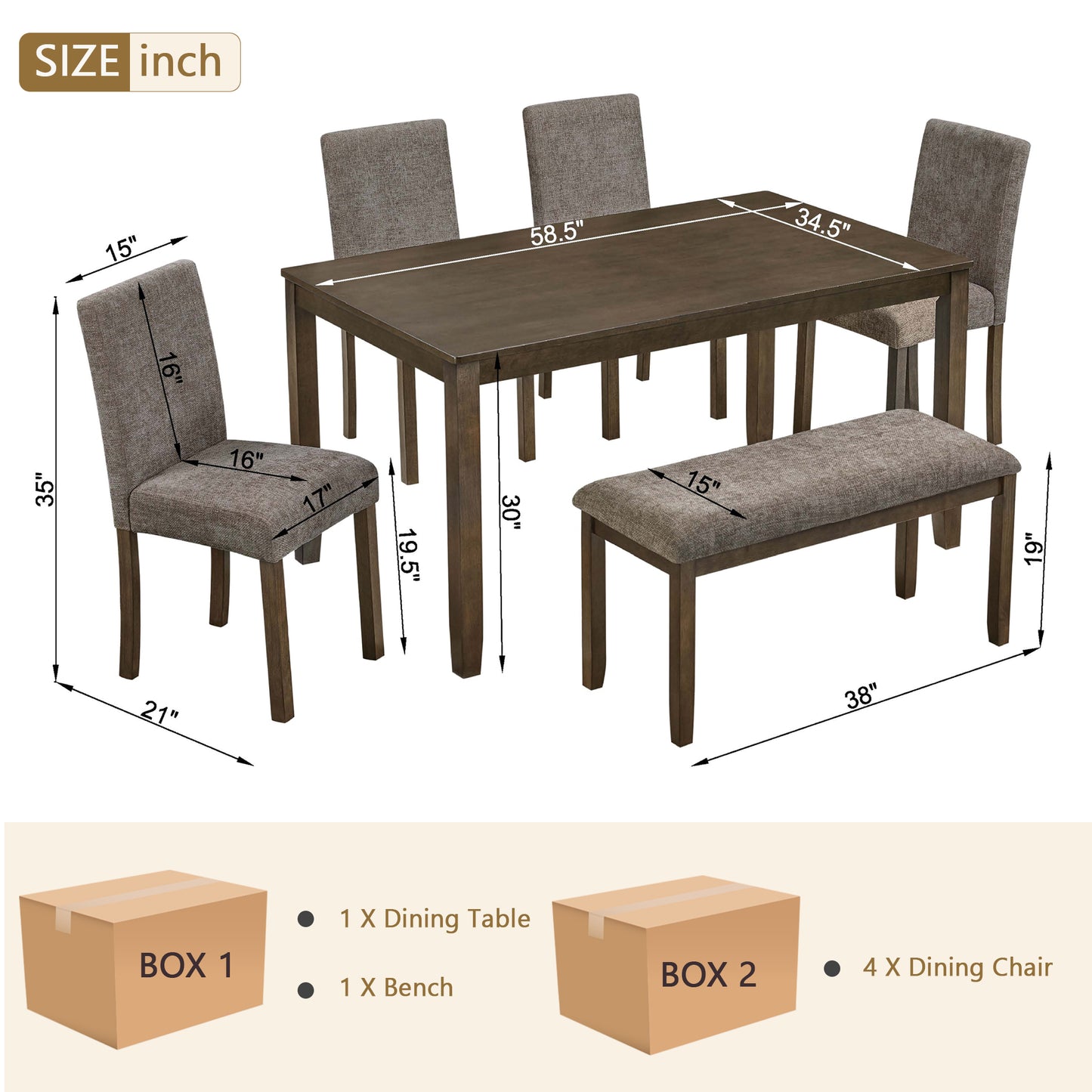 6-Person Wooden Dining Table Set with Bench - Walnut
