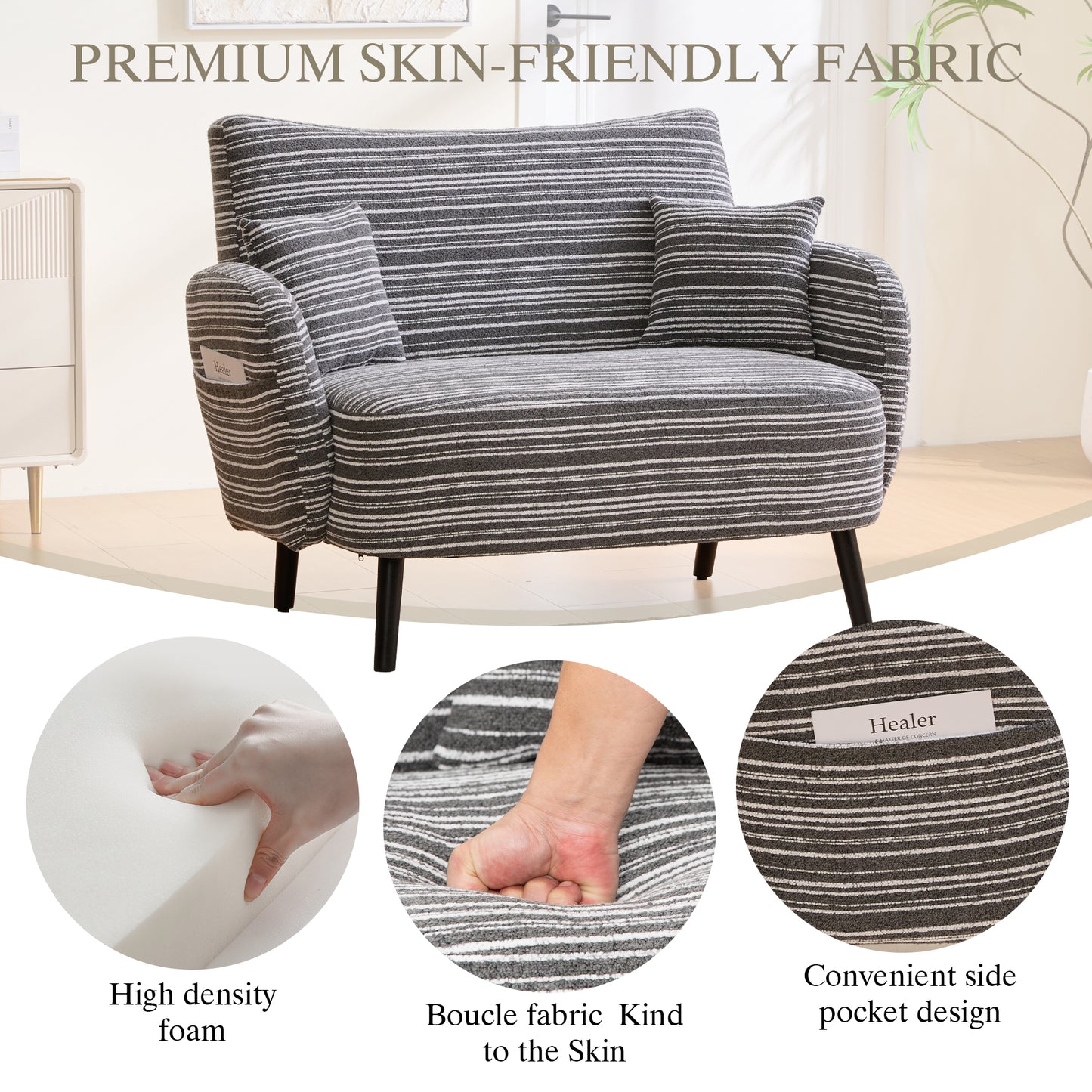 Comfortable Modern Two-Seater Sofa with Storage Pockets - Dark Gray