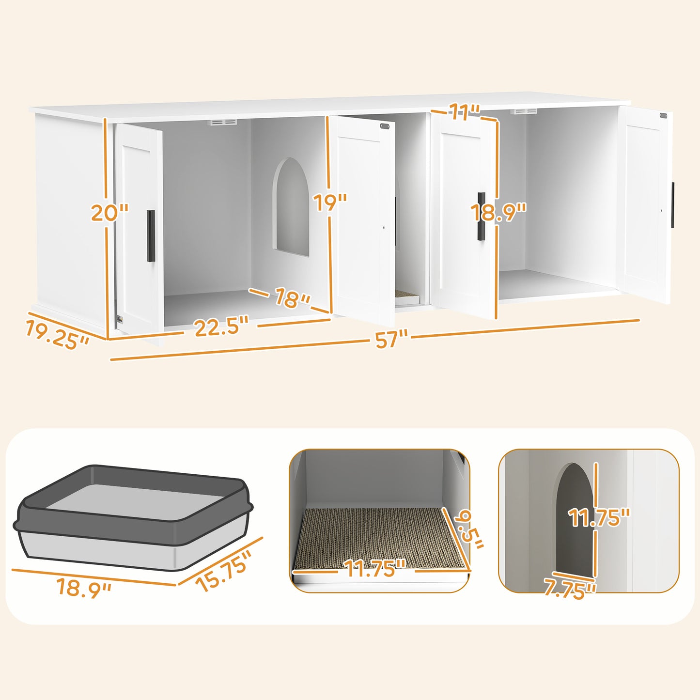 Cat Litter Box Enclosure for 2 Cats with Scratching Mat - White, 57 x 19 x 20 Inches
