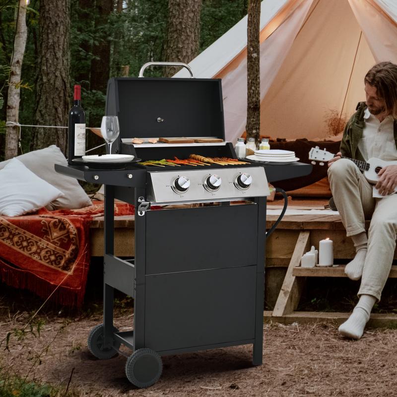 Three-Burner Propane Gas Grill with Stainless Steel Design & Wheels