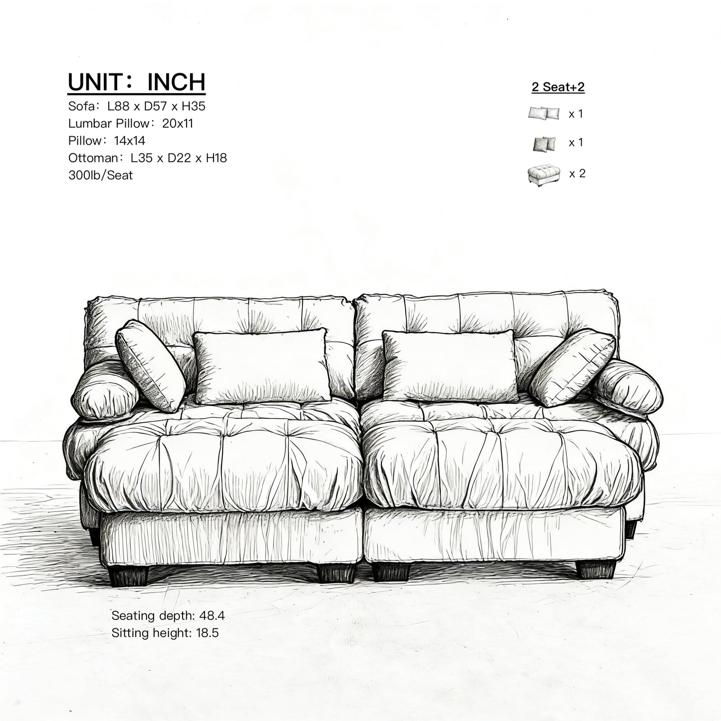 U Shaped Modular Sectional Sofa with Ottoman - Pink