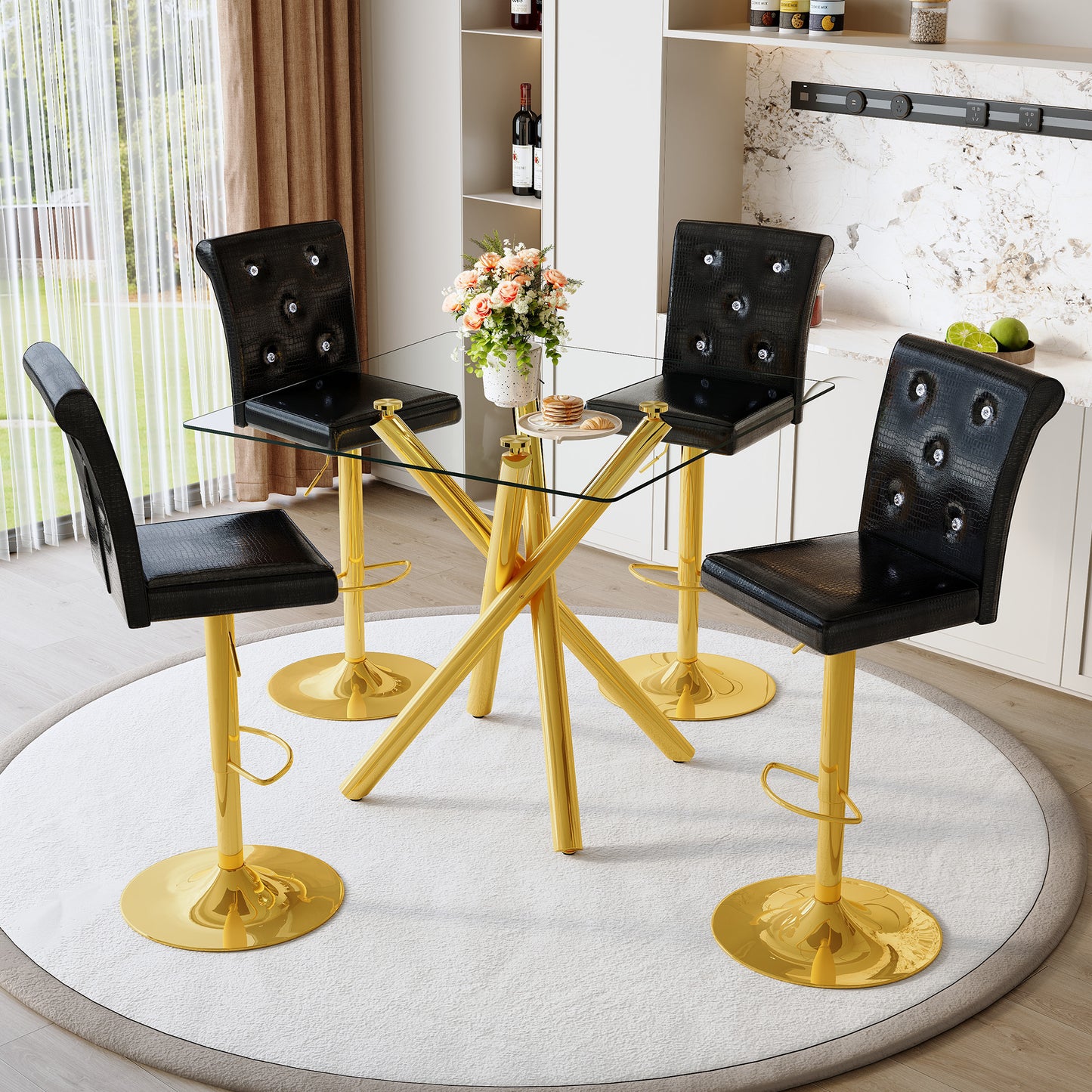 Modern Glass Bar Table And Adjustable Stools Set Of 2, Contemporary