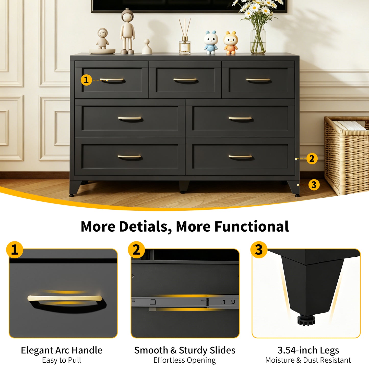 7-Drawer Black Metal Dresser - Low-Profile Storage Cabinet