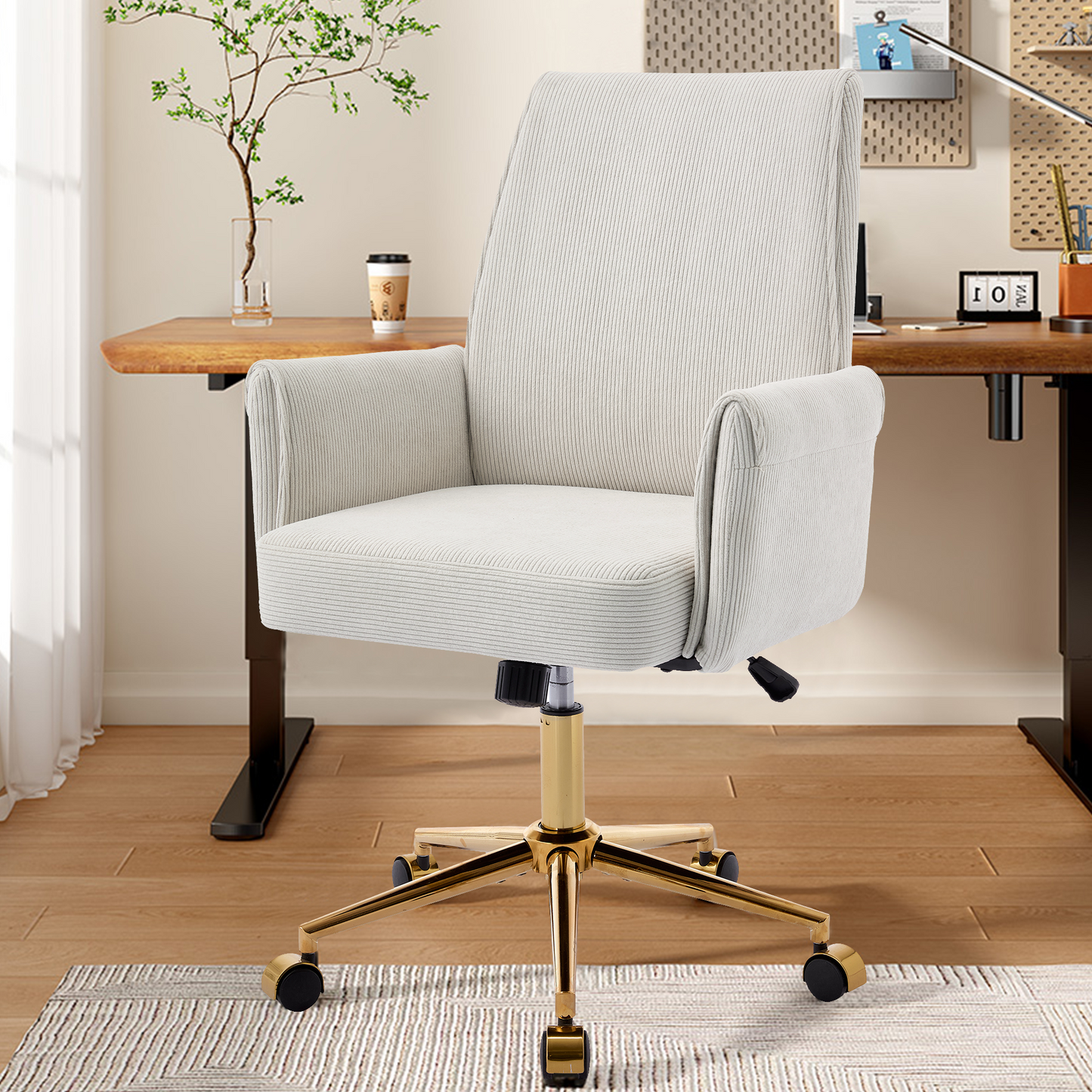 Ergonomic Mid-Back Office Chair with Striped Fabric - White