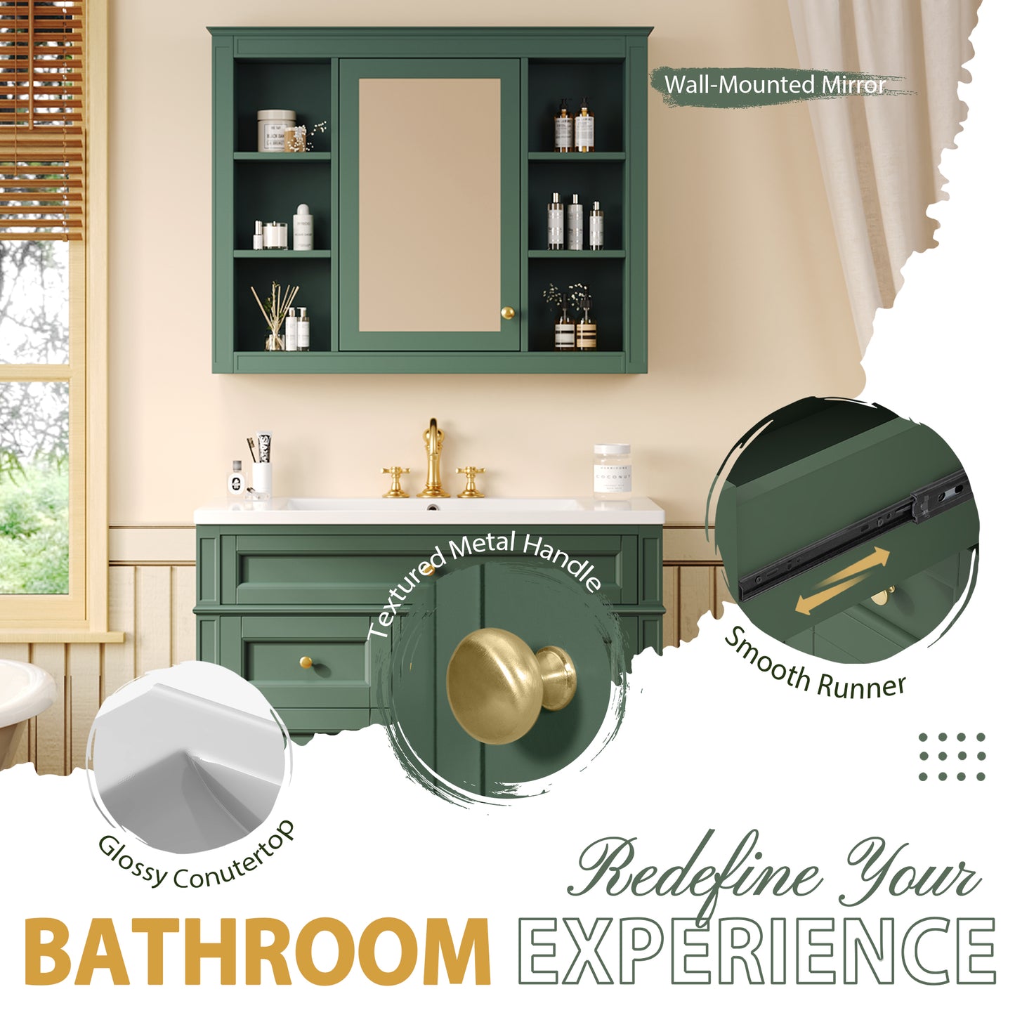 36'' Green Bathroom Vanity with Medicine Cabinet & Sink