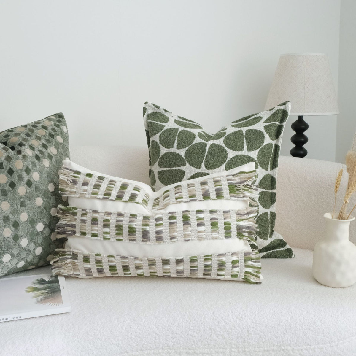 Green Toned Drawstring Cushion Cover - Coarse Linen Backrest Pillow