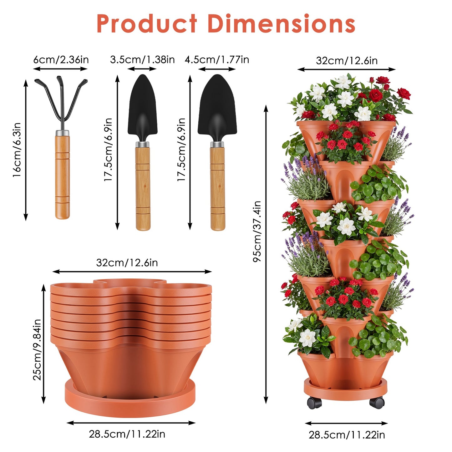 7-Tier Vertical Stackable Garden Planter with Wheels and Drainage System