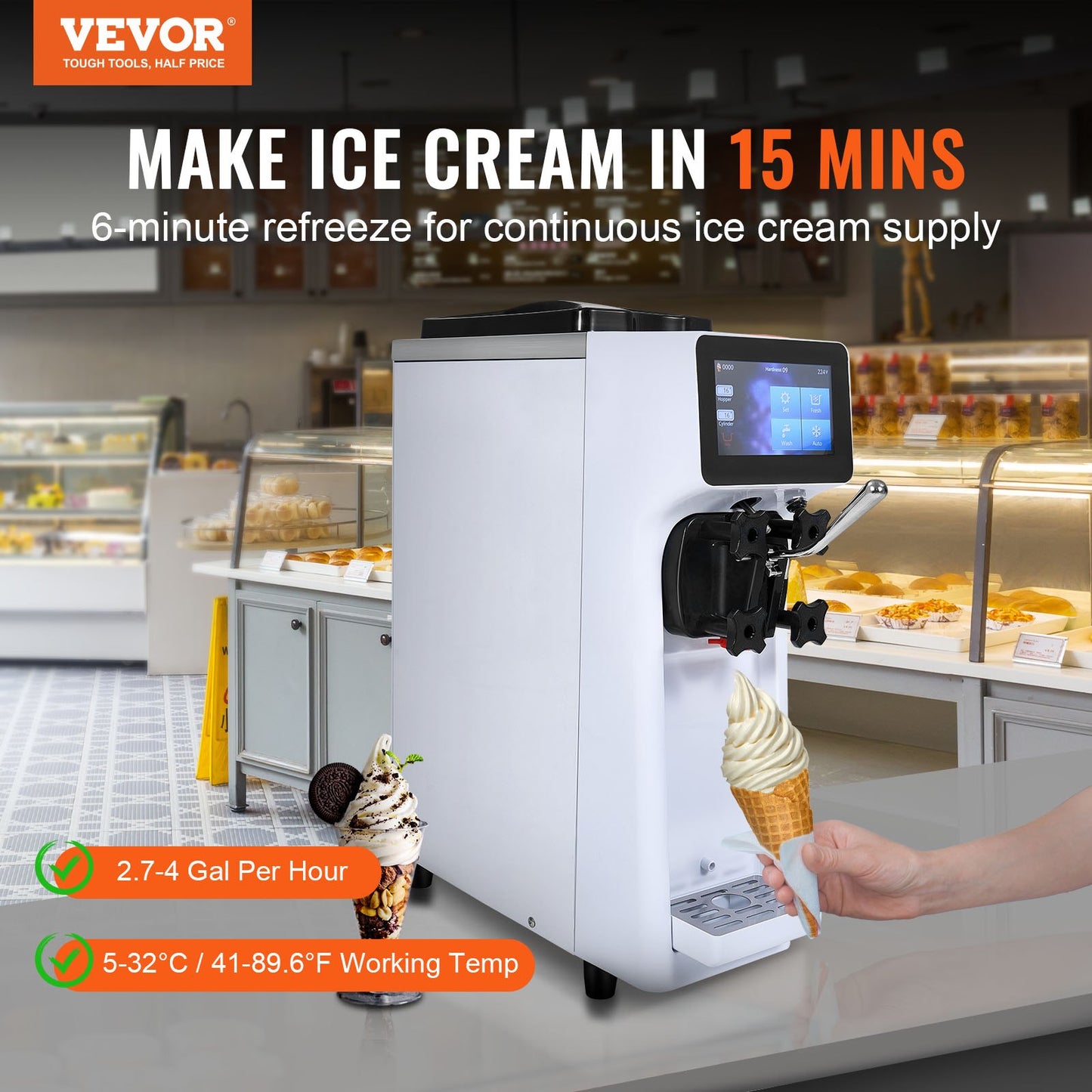 Commercial Ice Cream Machine 10.6 Qt/H Soft Serve Maker with Touch Screen