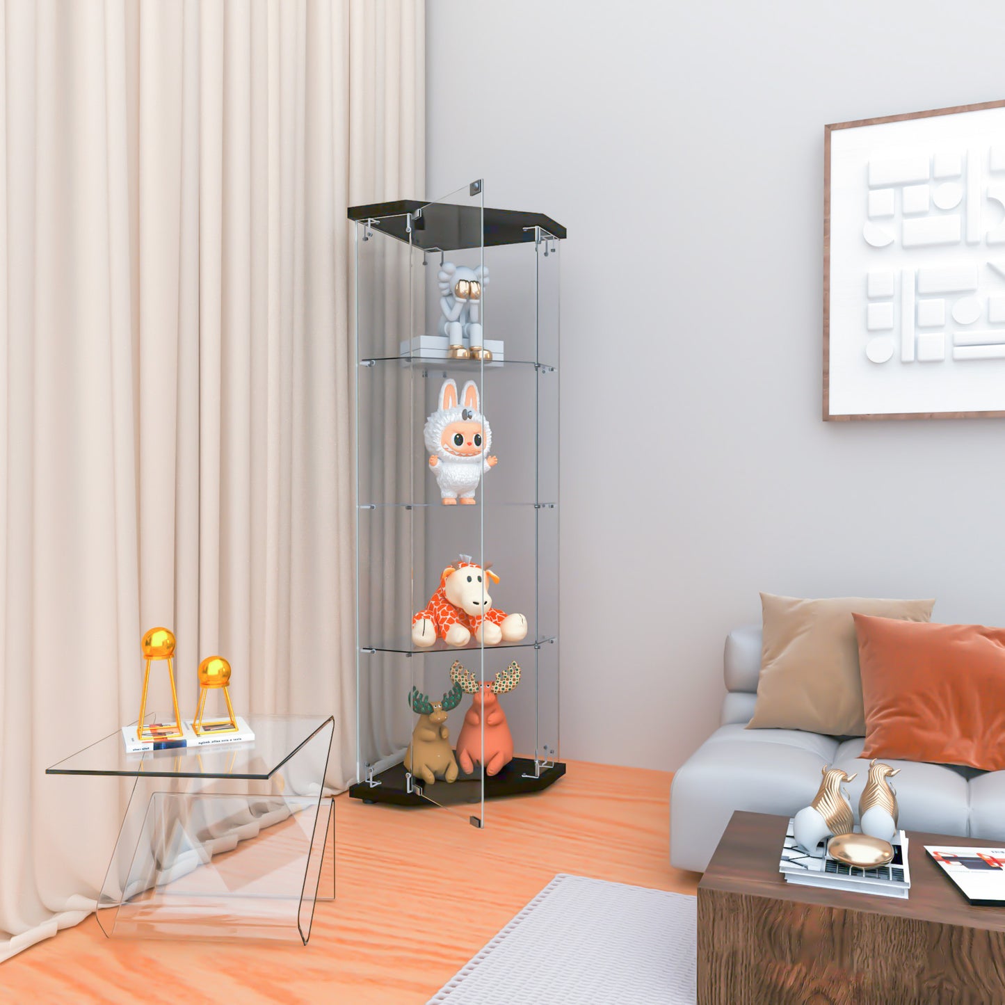 Glass Display Cabinet With 4 Shelves,Pentagon,Curio Cabinets For