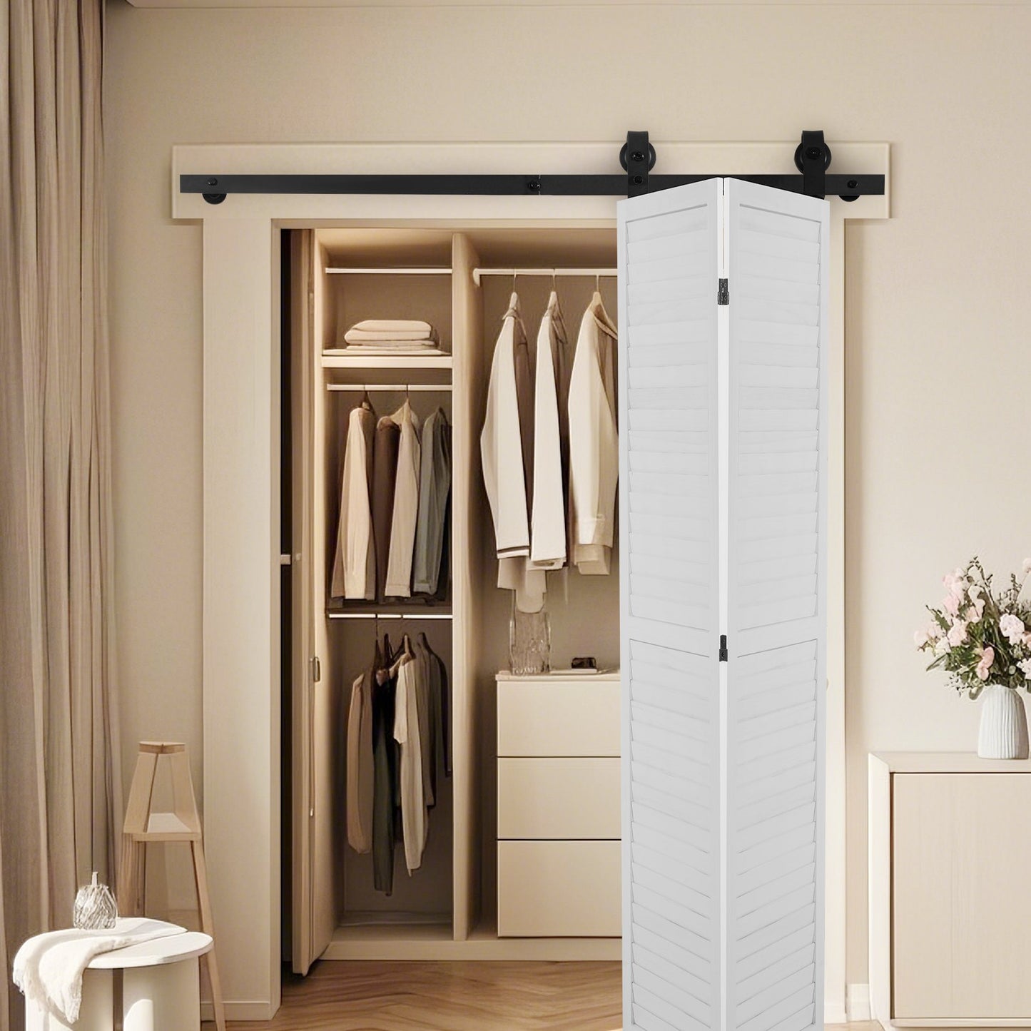 Bi-Folding Barn Door Hardware Track Kit 52 Feet for Two 24-Inch Doors - Black