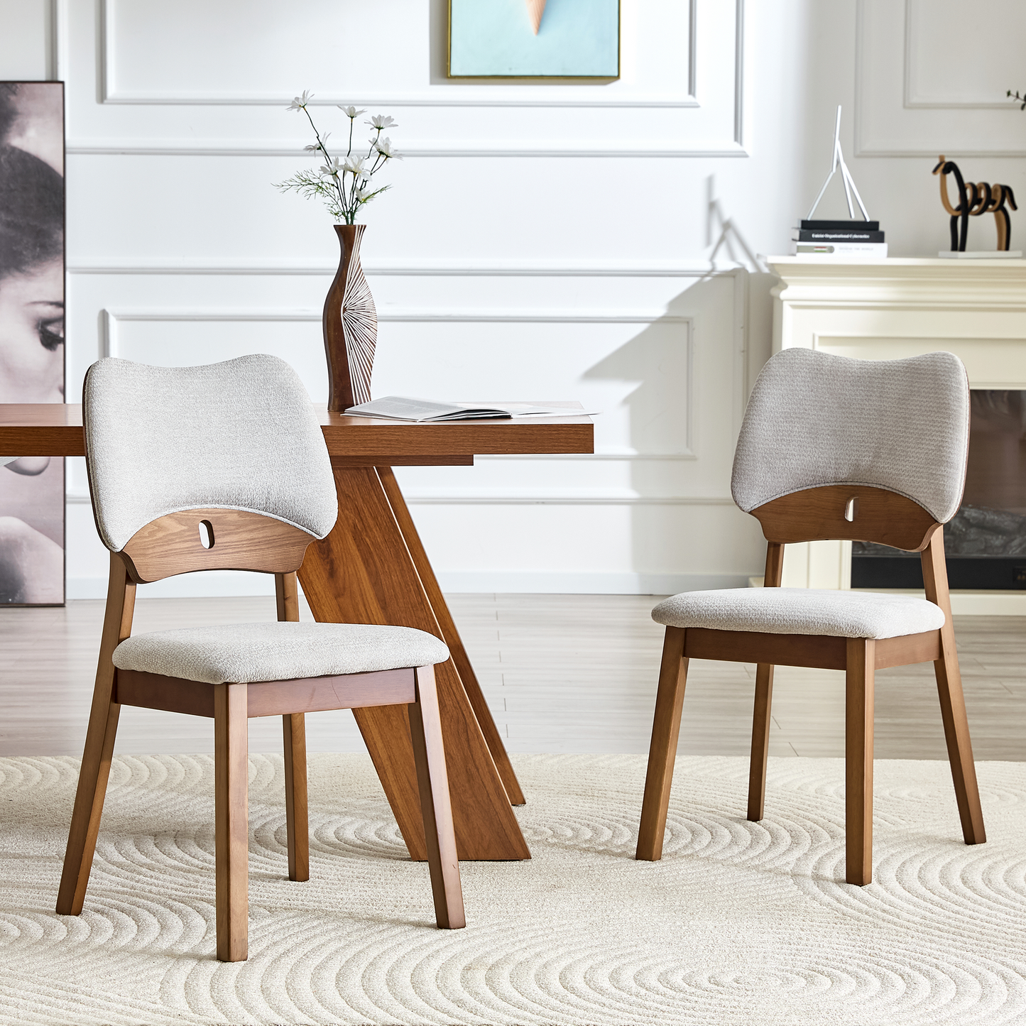 2 Walnut Colored Solid Wood Dining Chairs, With Gray Soft Fabric