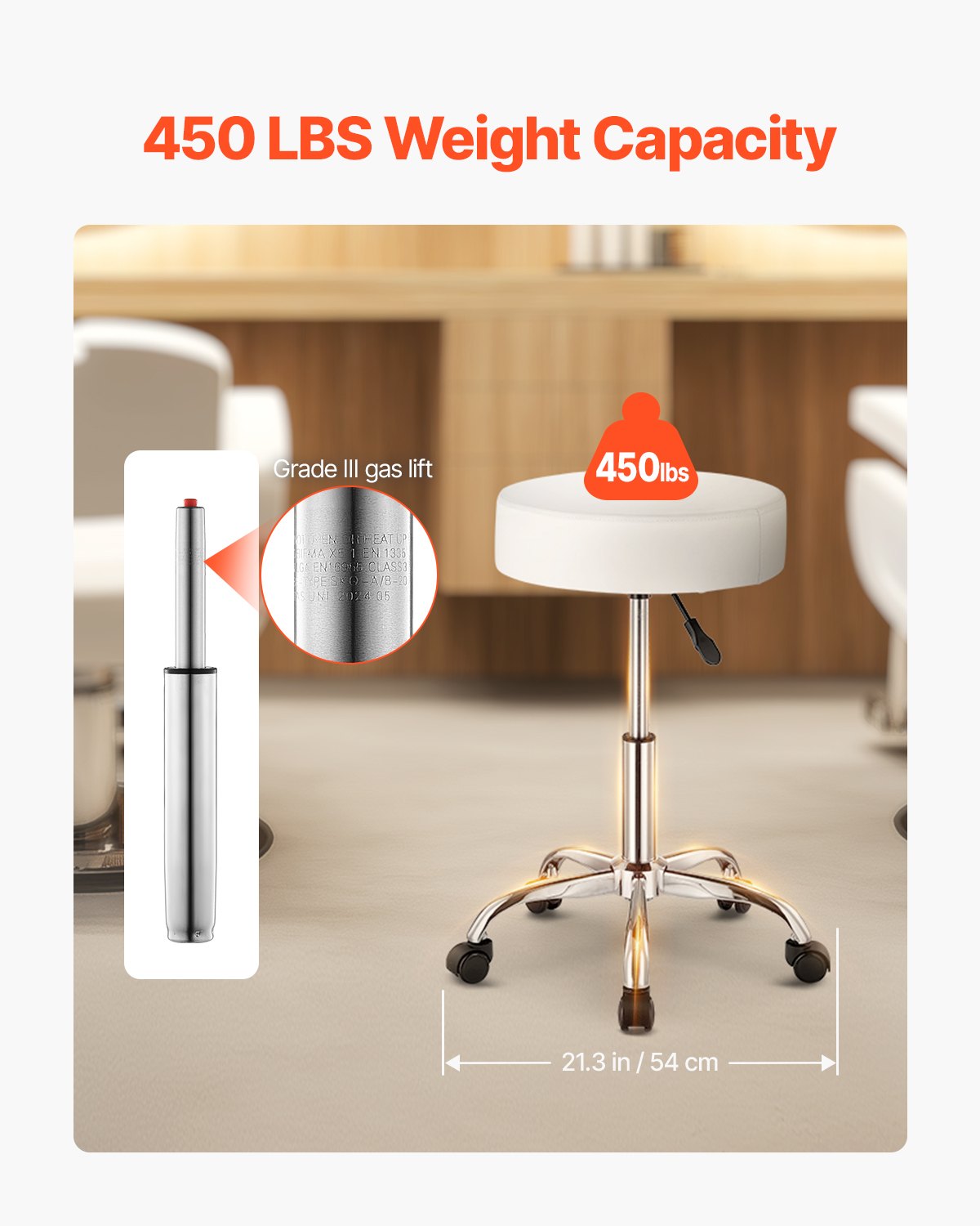 Height Adjustable Rolling Stool with Wheels - 450 lbs Capacity, White