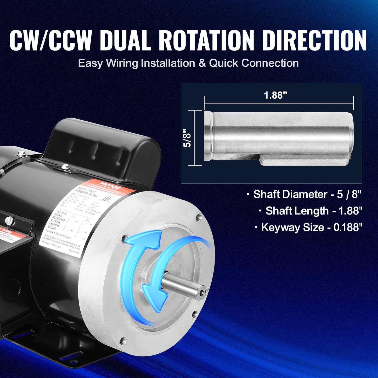 1HP Air Compressor Electric Motor 3450 RPM AC 115V/230V CW/CCW Reversible 56C Frame