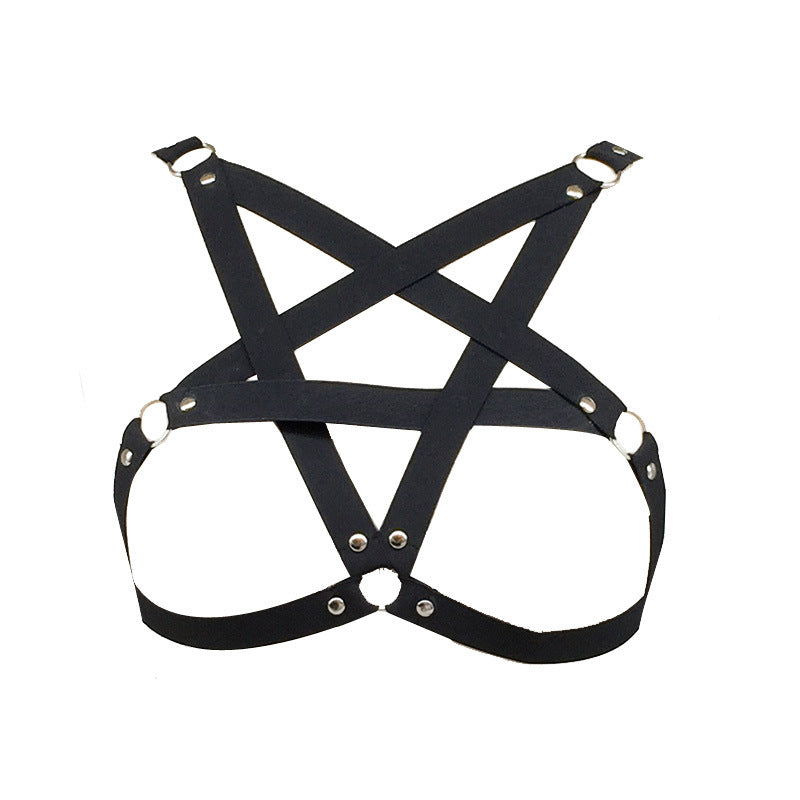Pentagram Straps Lingerie Hollow Cross Rivets Back Body Harness Black One Size