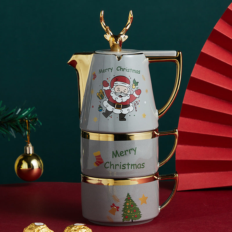 Ceramic Teapot Set with Cups and Plates - Christmas Elk Design, Portable & High-Temperature Resistant