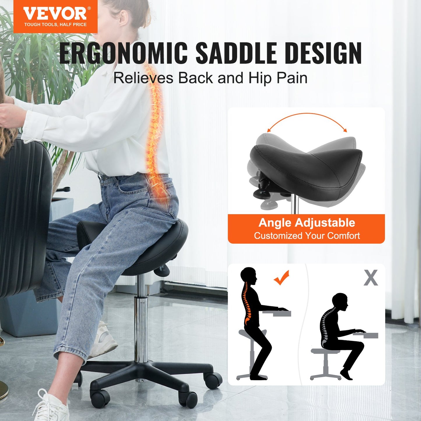Height Adjustable Saddle Stool with Wheels - 400 lbs Capacity