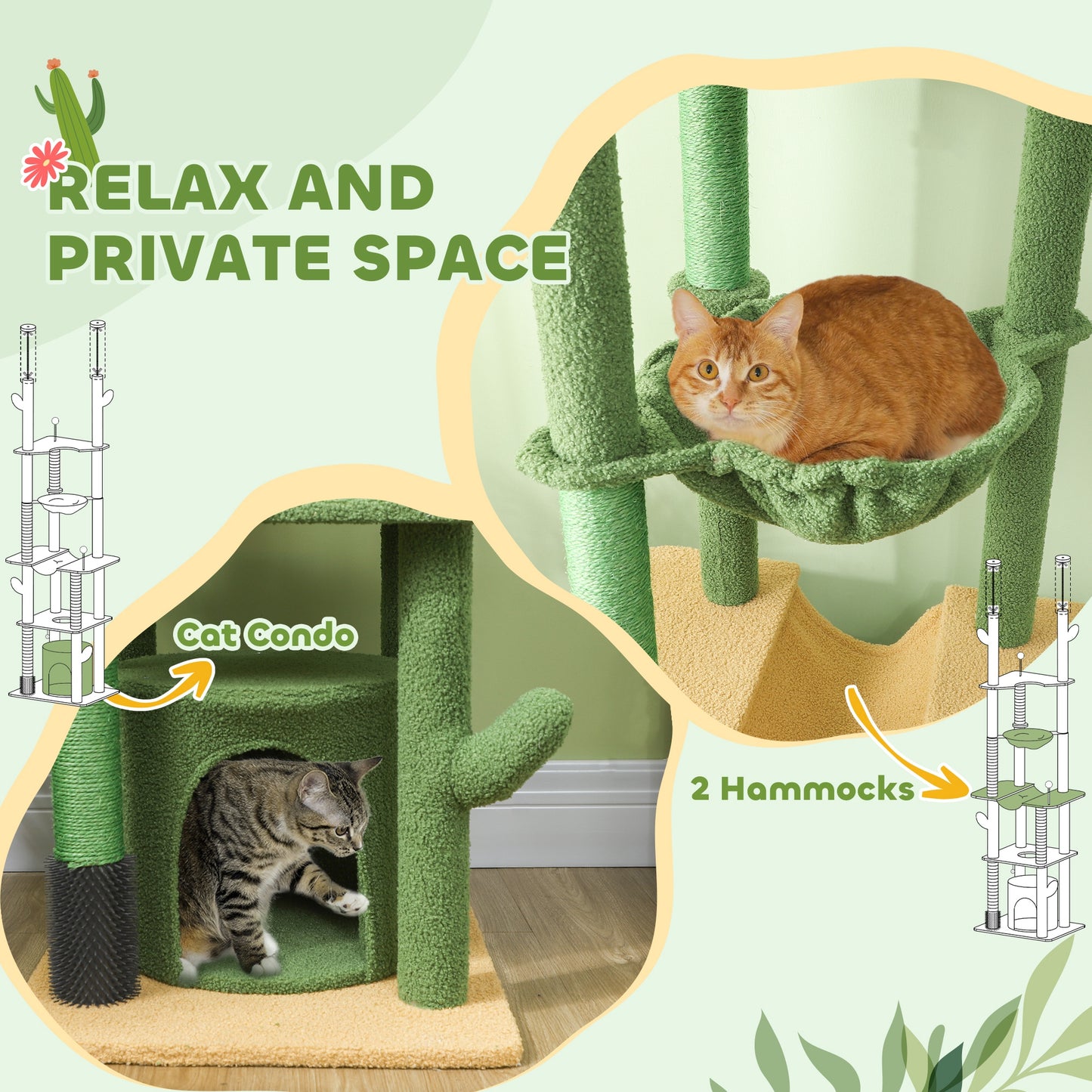 Adjustable Floor-to-Ceiling Cat Tree with Condos & Hammocks - Green