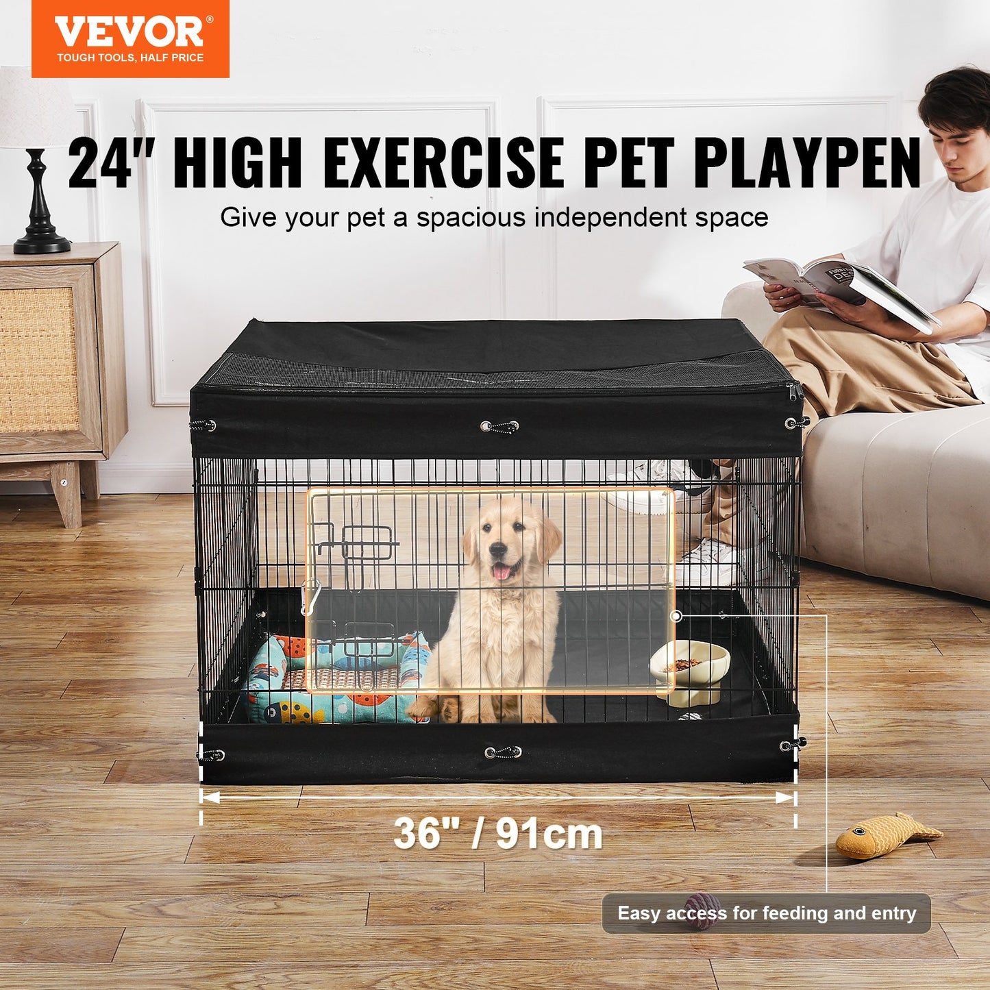Foldable Metal Dog Playpen with Bottom Pad Cover - 4 Panels, Black