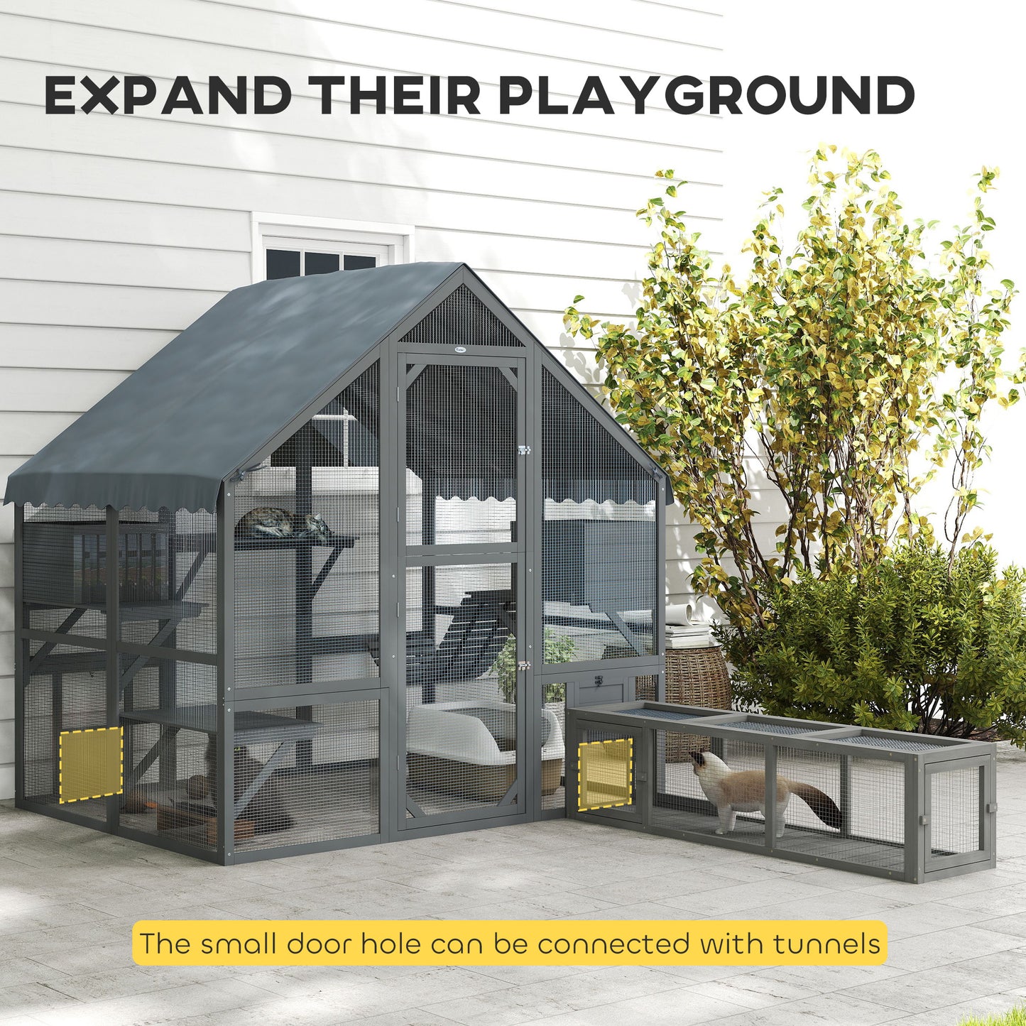 Outdoor Wooden Cat Enclosure with Waterproof Cover for 2-4 Cats - Gray