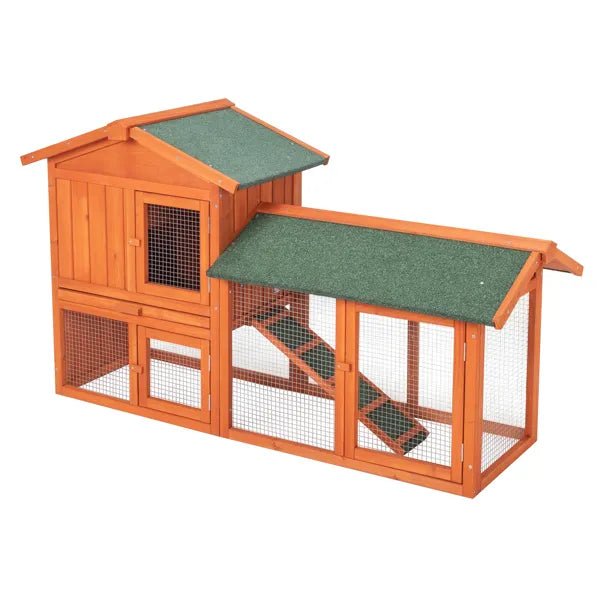 Large Wooden Rabbit Hutch with Green Roof, Removable Tray & Locking Doors