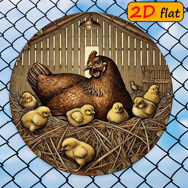 2D Flat Round Hen and Chick Metal Sign - 7.87 Inch Outdoor Decor
