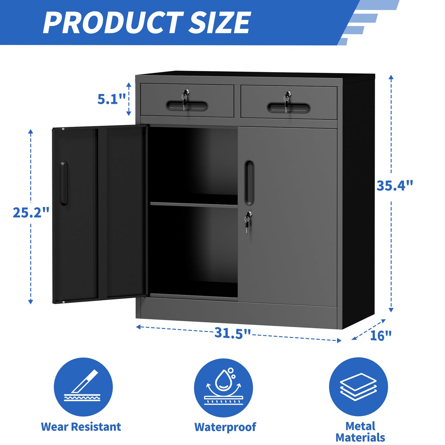 Heavy-Duty Metal Storage Cabinet with Lock and 2 Drawers - Black