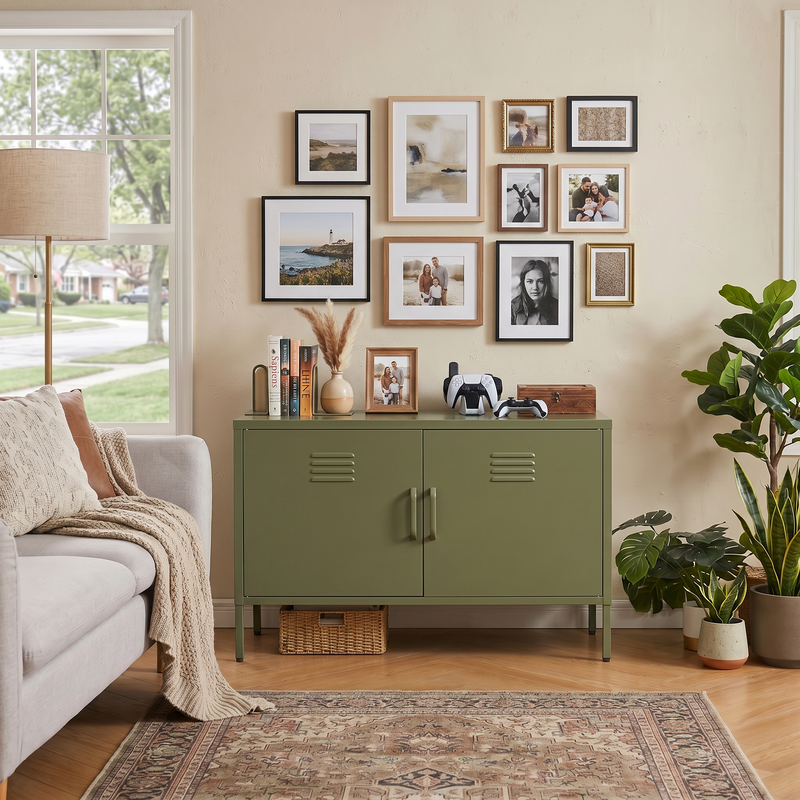 Green Metal Storage Cabinet with Legs & Adjustable Shelf