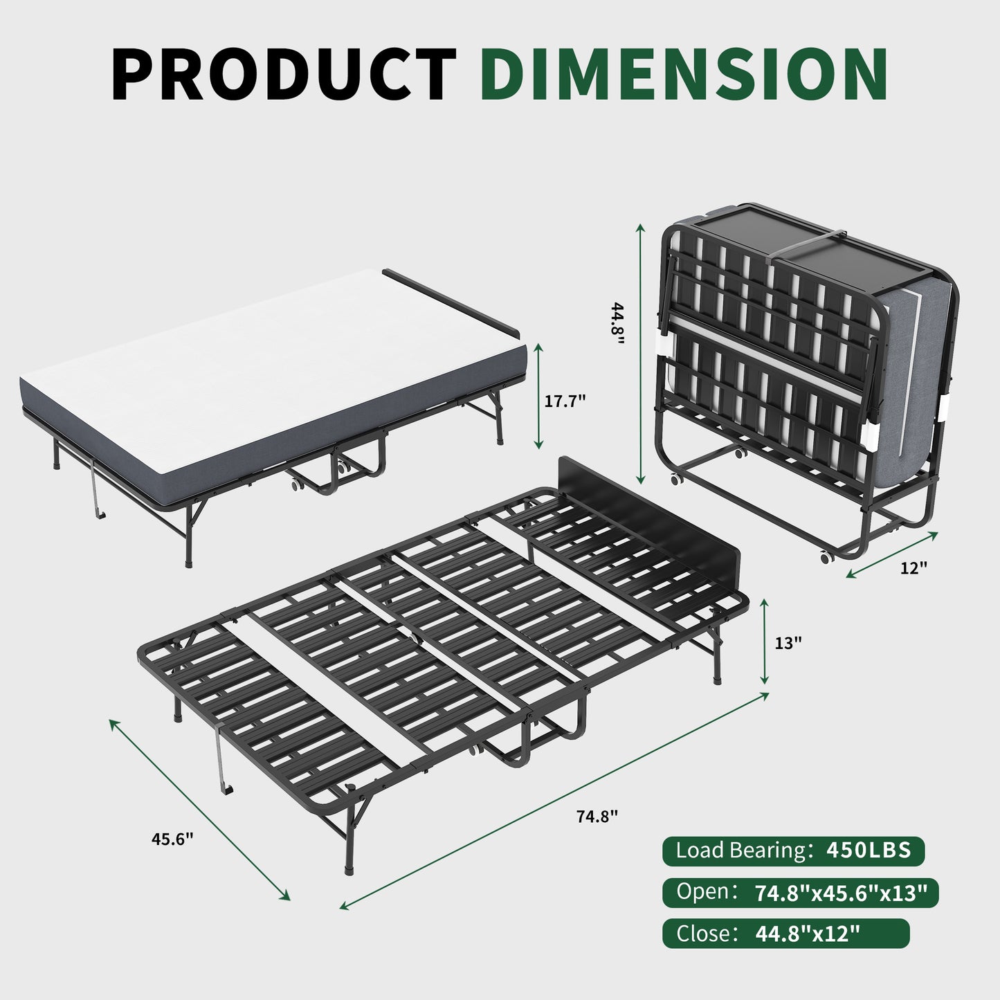 75 X46 Wide Folding Bed With Adjustable Headboard, Extra Long