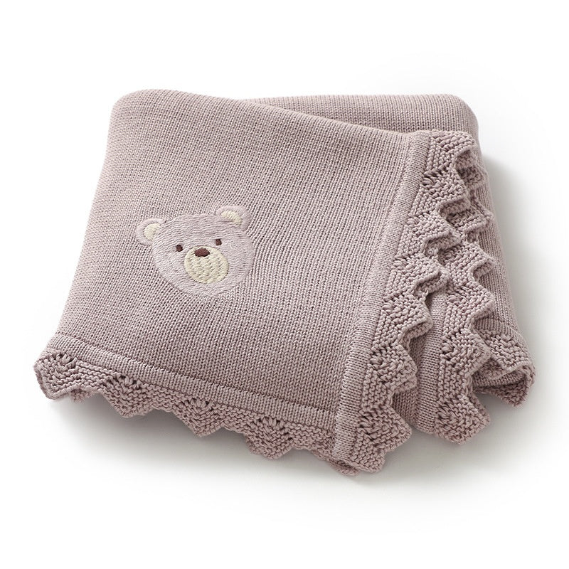 Infant Knitted Bear Embroidery Blanket - Soft Cotton Baby Covering