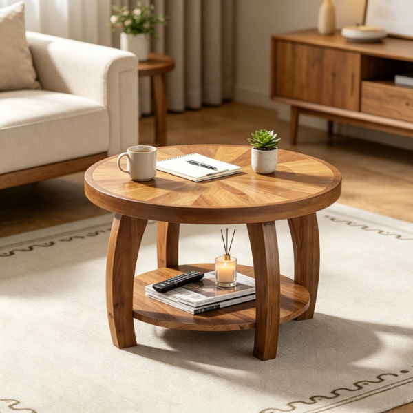 Round Solid Wood End Table with Two-Tiered Storage