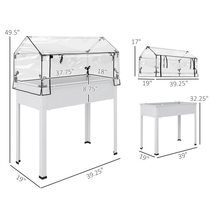 Elevated Garden Bed with Greenhouse Cover - White Raised Planter with Drainage