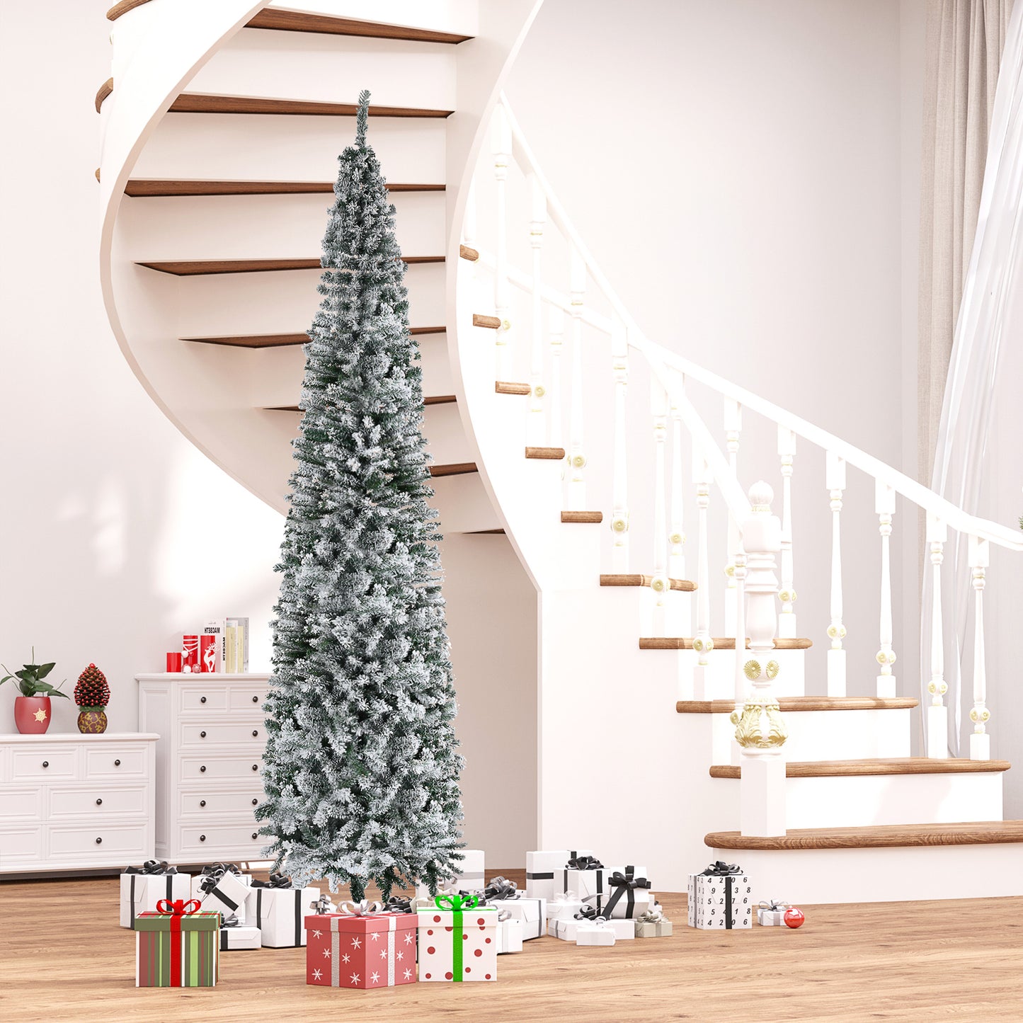 9ft Flocked Christmas Tree - Pencil Shape with Faux Snow
