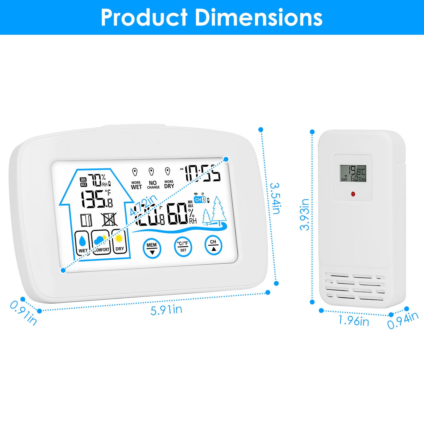Wireless Indoor Outdoor Weather Station with Clock & Sensor - White