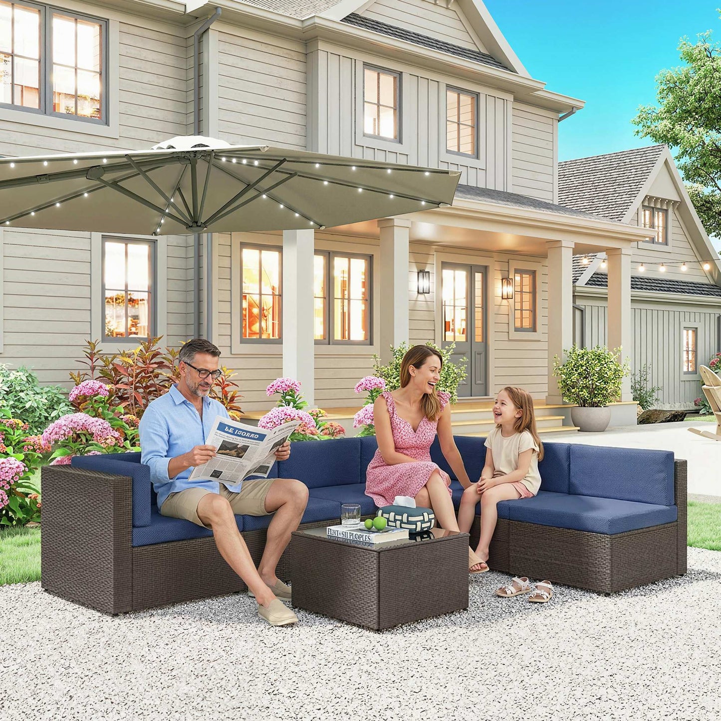 7-Piece Outdoor Rattan Sofa Set with Glass Coffee Table