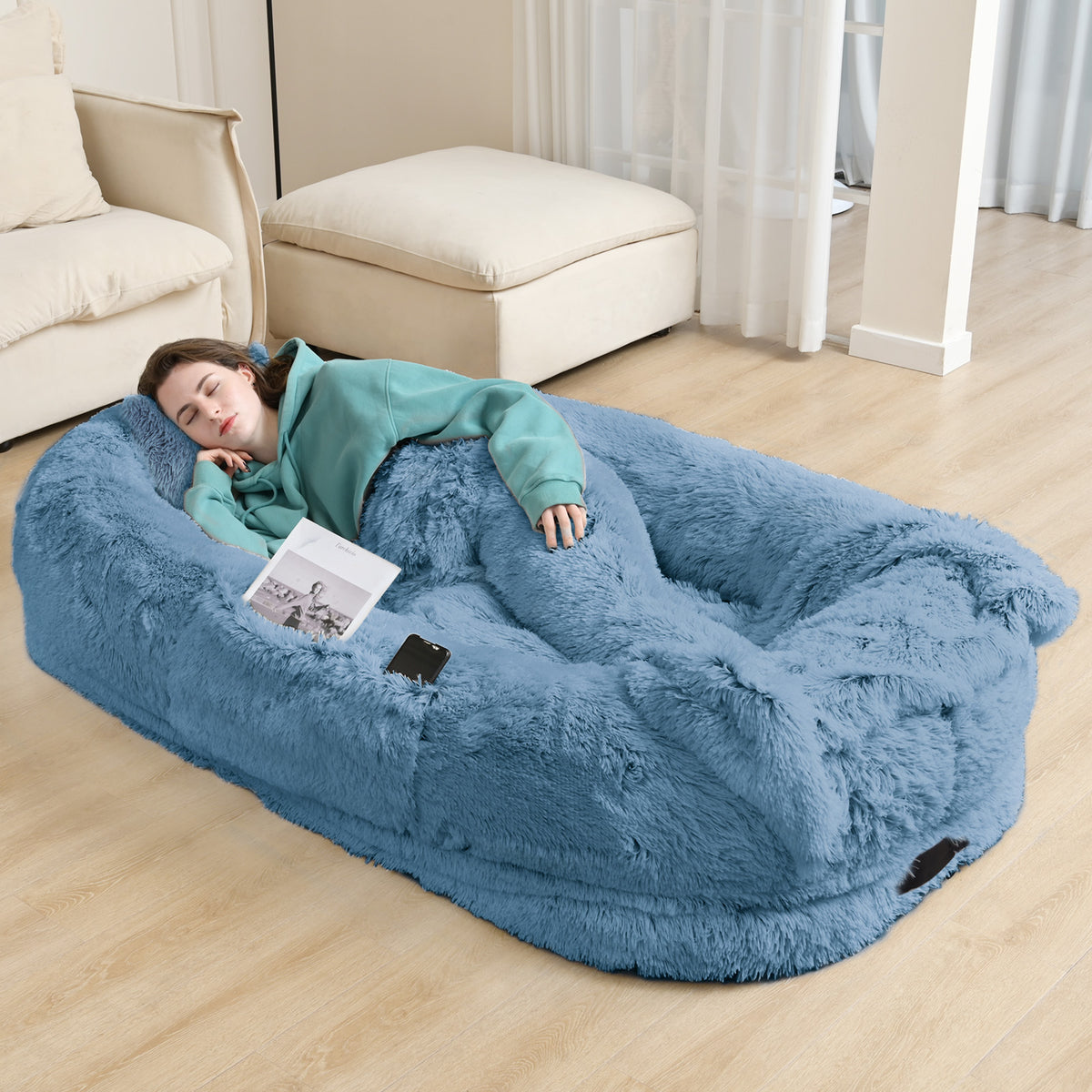Oversized Human & Pet Dog Bed with Orthopedic Support - 71 x 45 Inch Faux Fur Lounger, Washable Cover, Pillow & Blanket Included