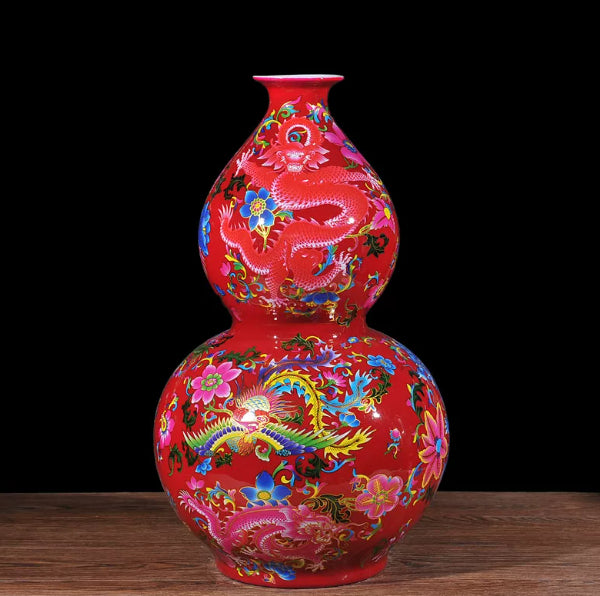 Porcelain Gourd-Shaped Decorative Vase with Dragon and Phoenix Design - Multiple Styles
