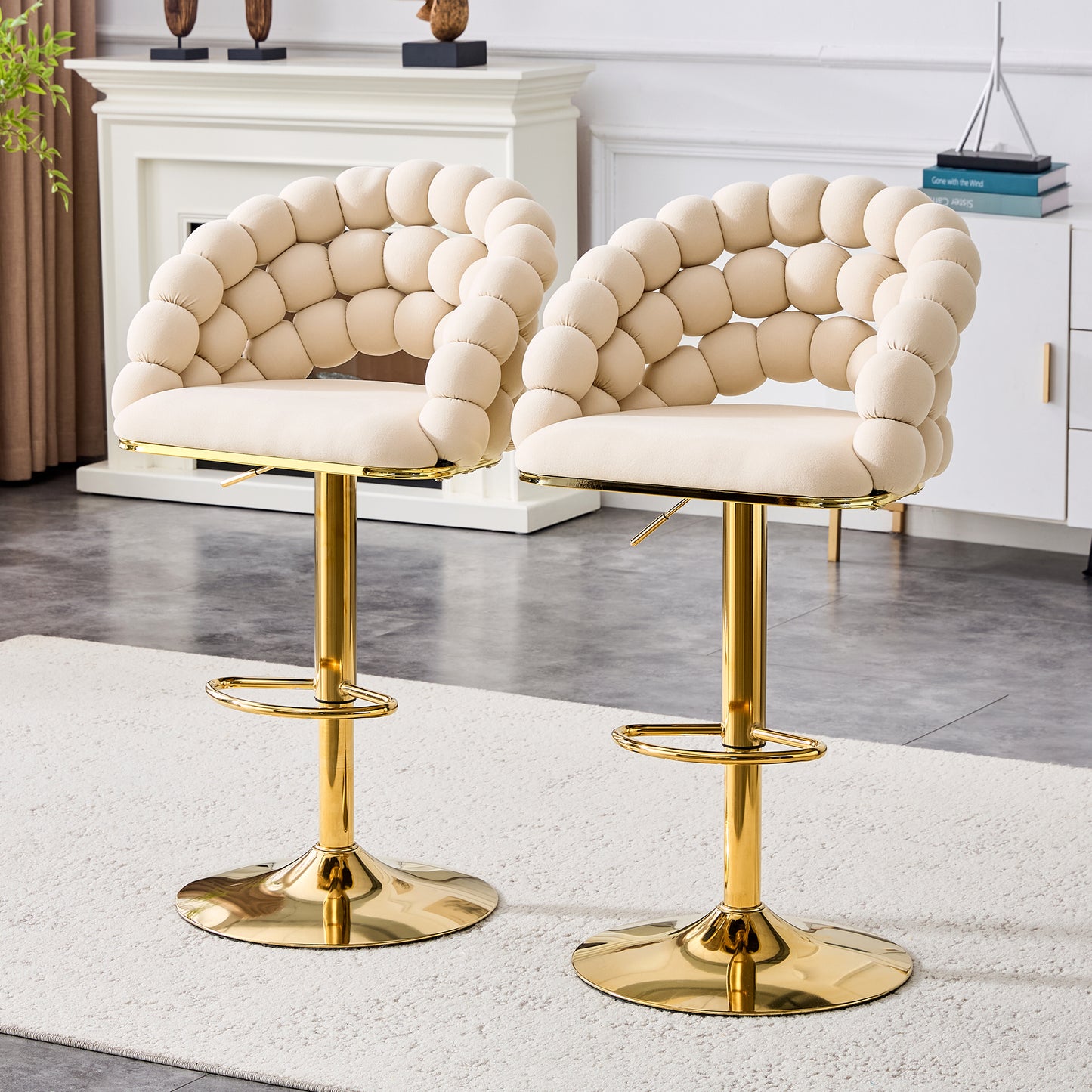 Set of 2 Beige Velvet Bubble Bar Stools with Gold Legs