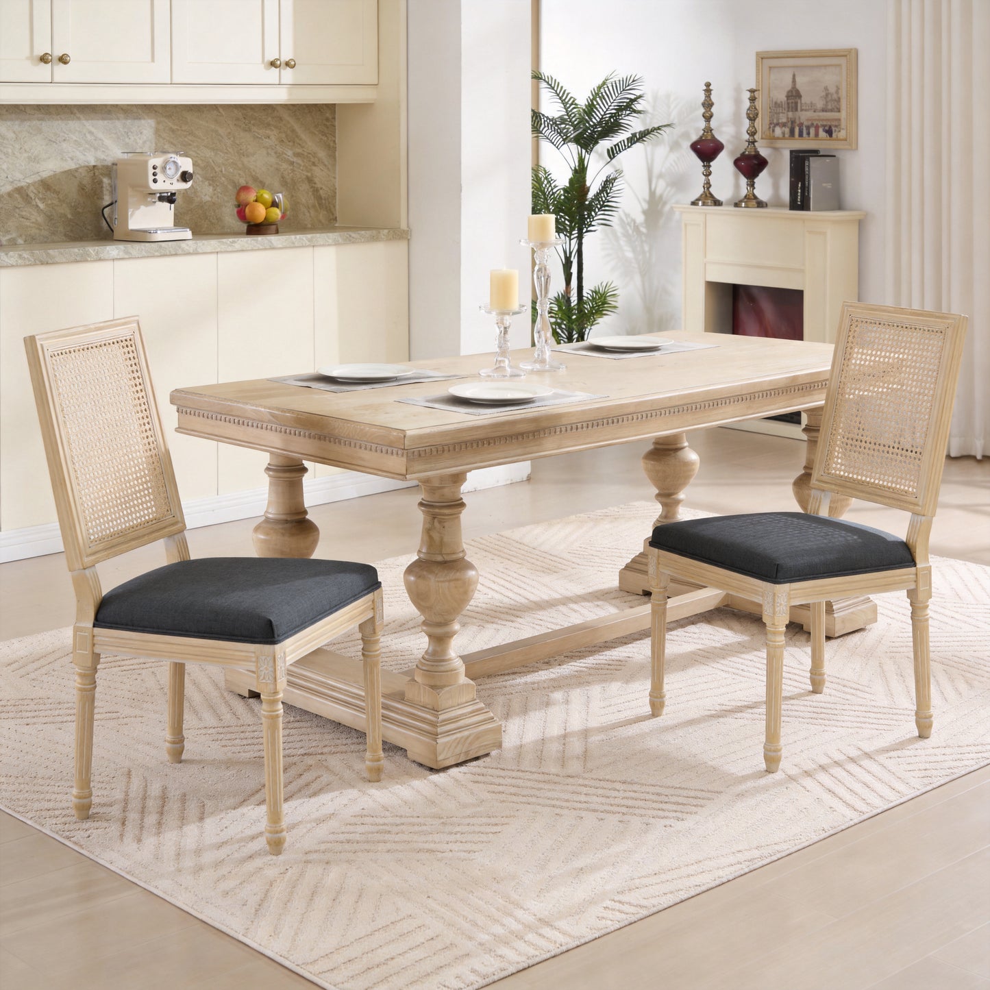 French Country Dining Chairs Set of 2 - Upholstered Grey