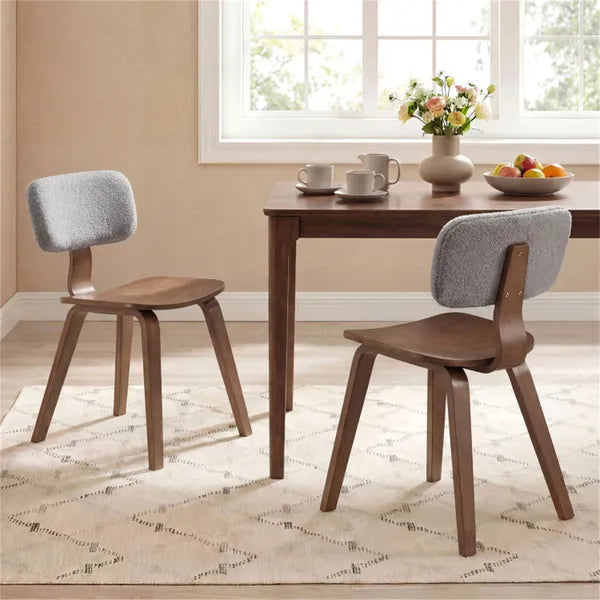 Set of 2 Grey & Walnut Dining Chairs - Plush Teddy Velvet Upholstery