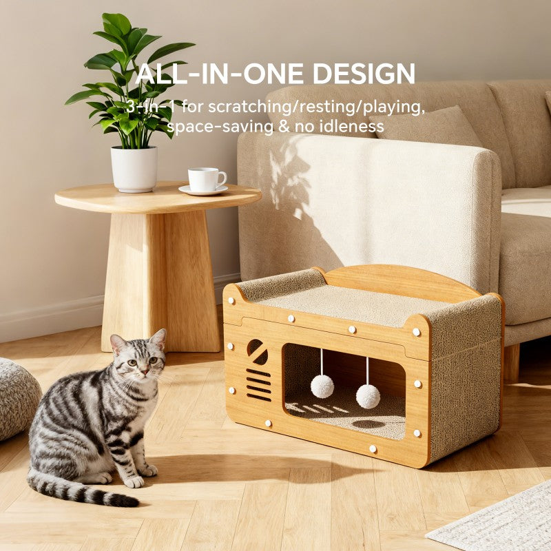 Double Layer Cat Scratcher Sofa Bed with Teaser Balls - 56cm, Yellow