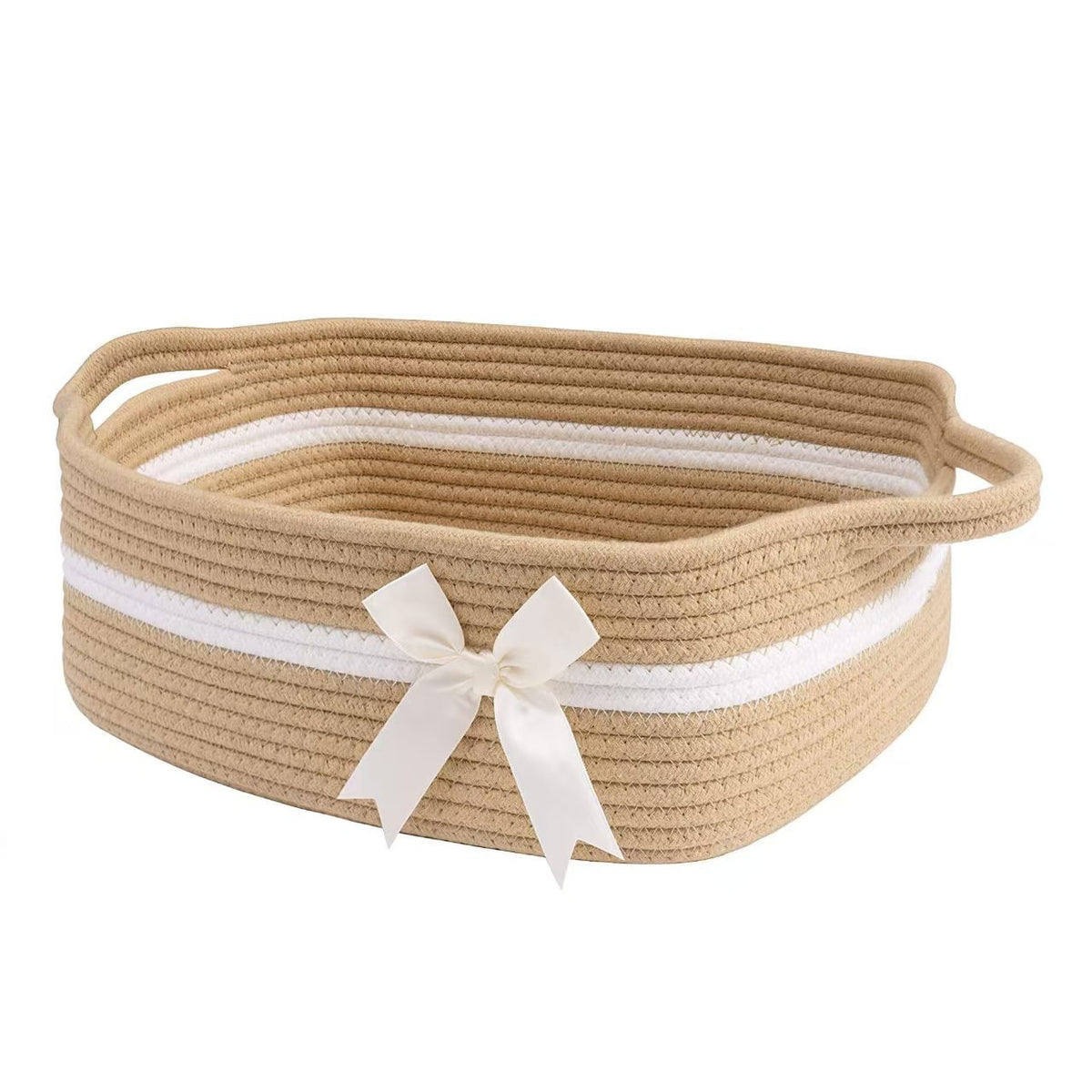 Woven Storage Basket with Bow - Khaki Cotton Thread, Multi-Size Options